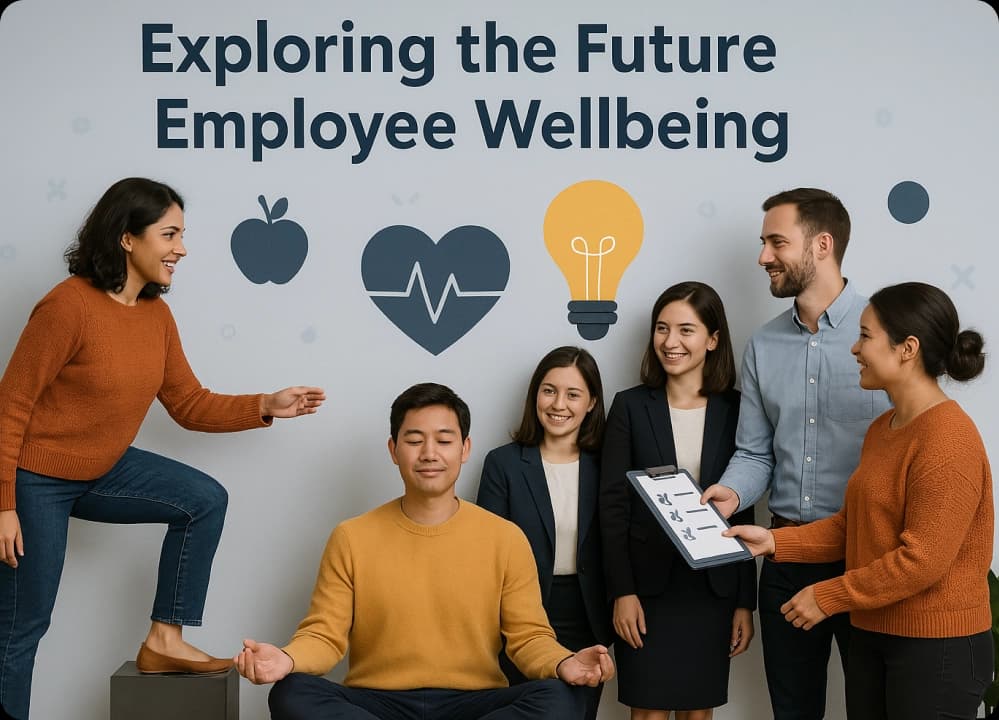 Team supporting employee wellbeing with wellness icons in background
