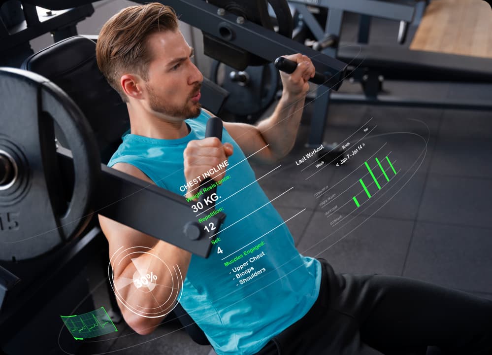 Man using smart fitness technology during a workout, representing gamified fitness challenges in corporate wellness.