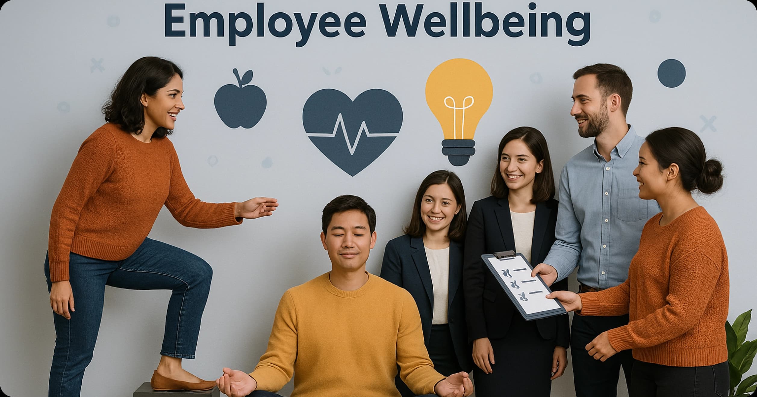 Team supporting employee wellbeing with wellness icons in background