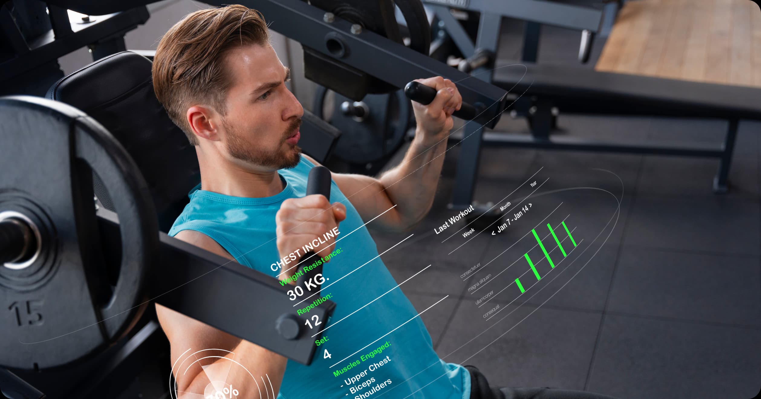 Man using smart fitness technology during a workout, representing gamified fitness challenges in corporate wellness.