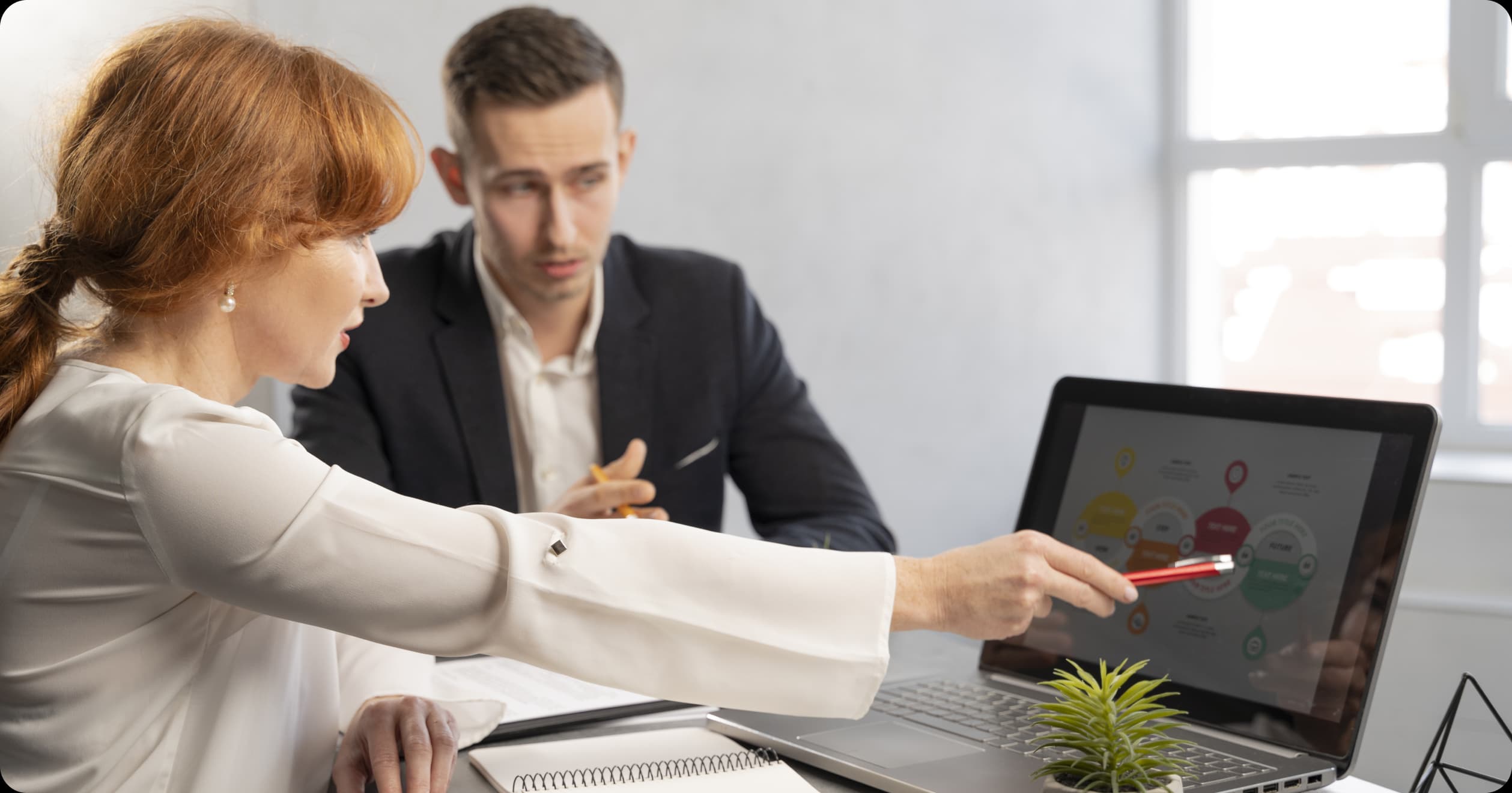 Business professionals reviewing data on a laptop, symbolizing brokers guiding wellness programs for risk management.