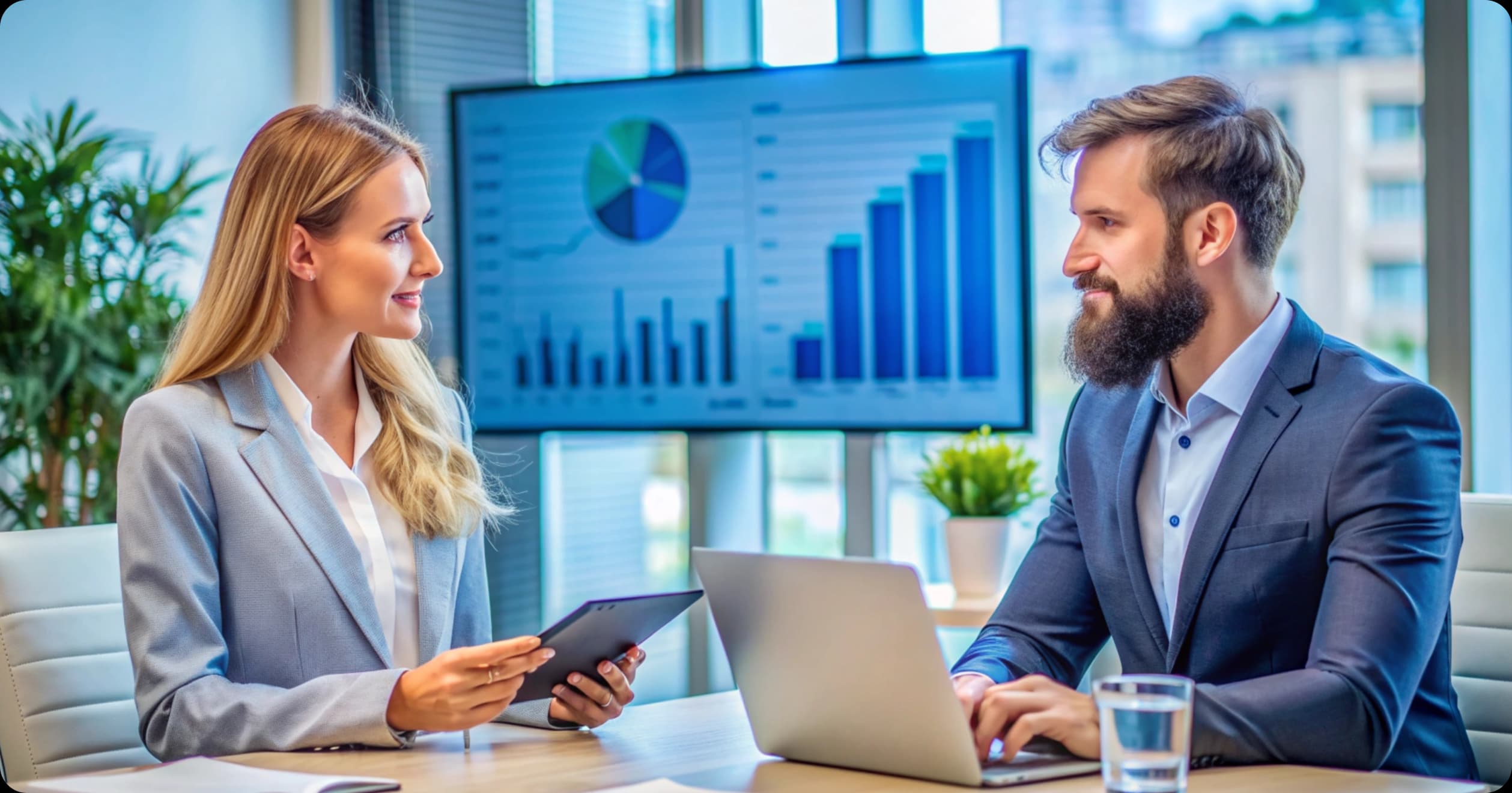 Two professionals discussing wellness program data with charts and reports displayed on a screen, illustrating corporate wellness ROI tracking.